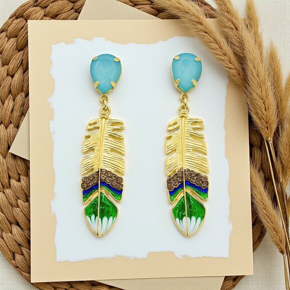 🆕️Boho Chic Feather Gemstone Earrings Gold Plated Festive Holiday Statement - Picture 1 of 10